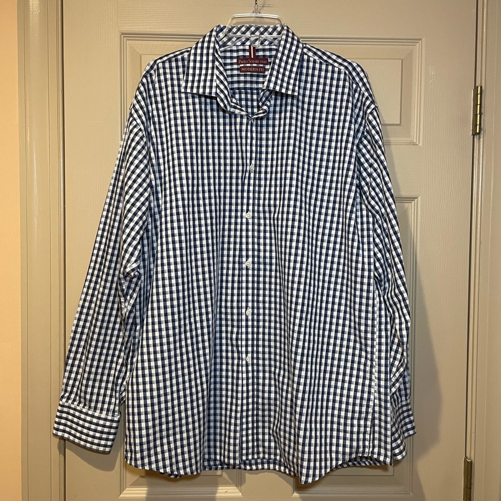 Paulo Solari Modern Fit Men's Long Sleeve‎ Navy/White Checkered Shirt, Size 2XLT